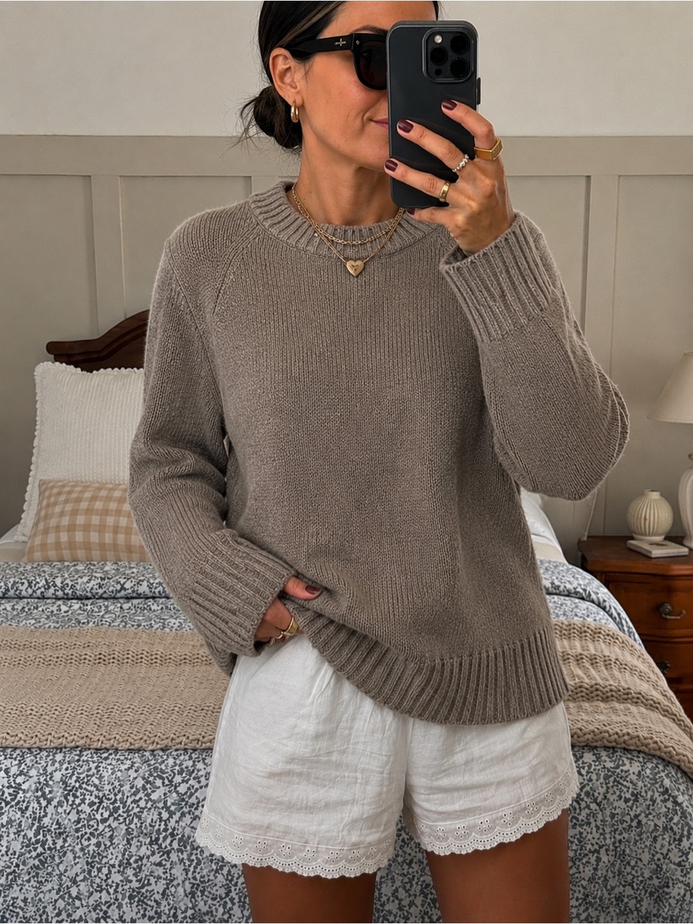 Jenni Kayne Chunky Cotton Blend Crewneck Sweater Medium Mushroom Taupe